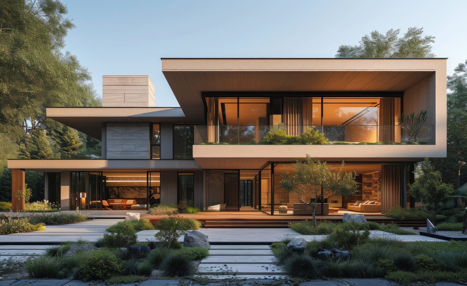 the exterior of the large modern house.
