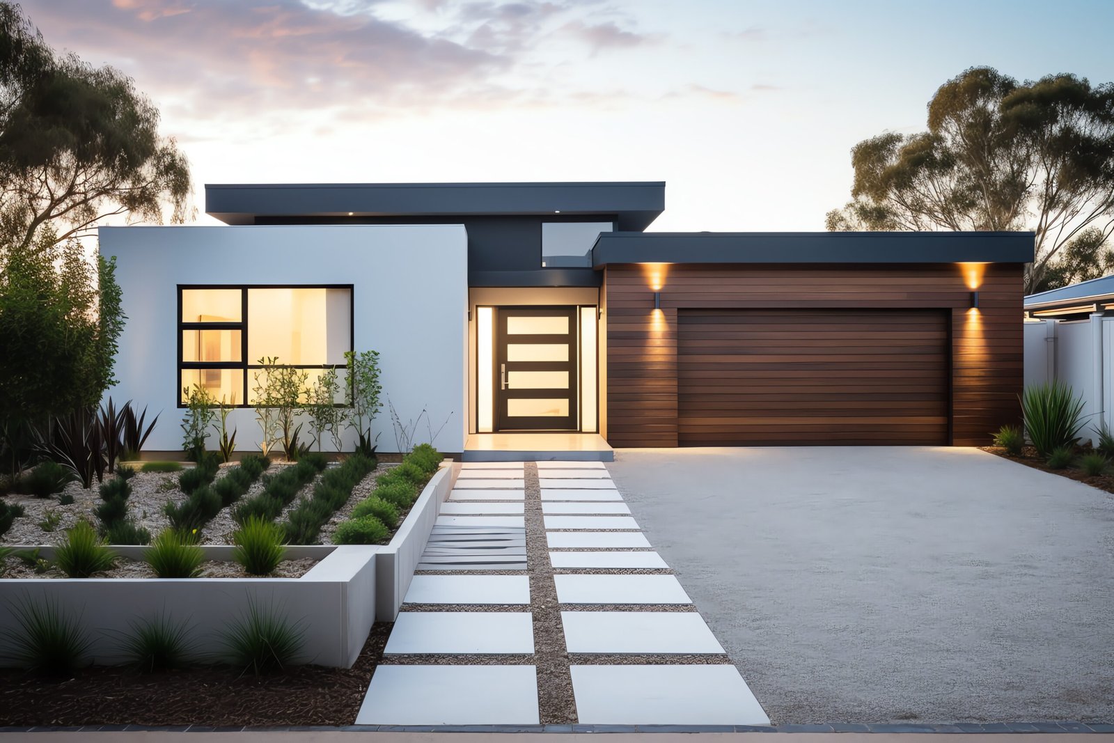Exterior front facade of new modern Australian style home, residential architecture